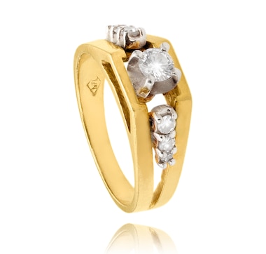 Estate Originals 14K Yellow and White Gold Geometrically Designed 0.18 Carat Diamond Solitaire Ring with a Trio of Diamonds on Either Side