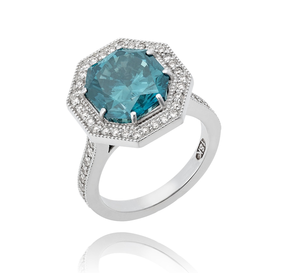 Image 657511.jpg, Product 657-511 / Price $23,995.00, Custom Made 18KT White Gold Octagonal Cut 5.50 Carat Blue Diamond Halo Design Ring from Estate Originals on TSC.ca's Jewellery department