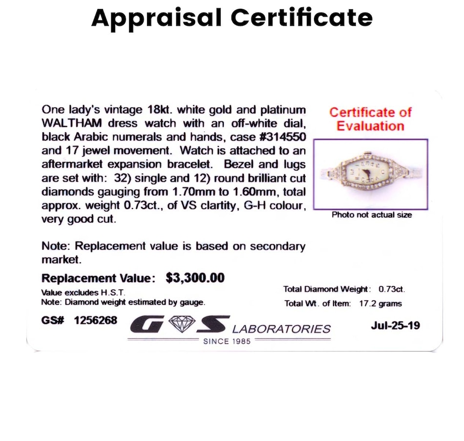 Image 657781_ALTMORE3.jpg, Product 657-781 / Price $2,495.00, Estate Originals Ladies Vintage 18K White Gold and Platinum Waltham Dress Watch with Diamonds from Estate Originals on TSC.ca's Jewellery department
