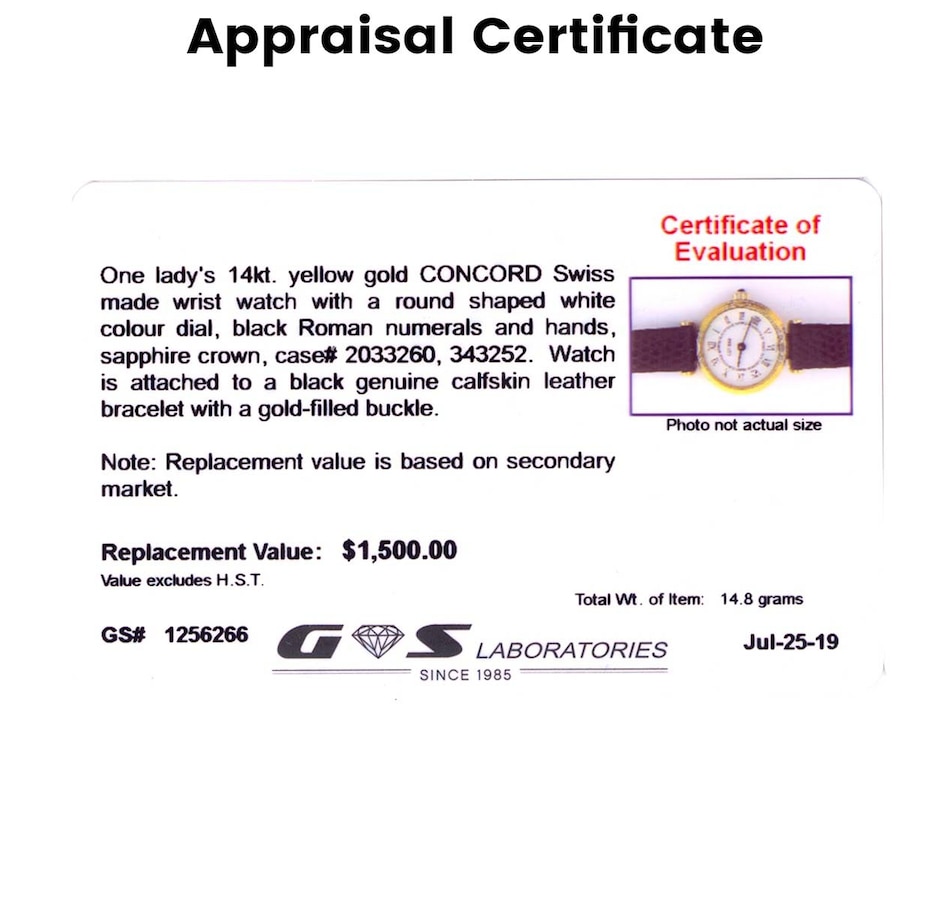 Image 657786_ALTMORE4.jpg, Product 657-786 / Price $1,295.00, Estate Originals Ladies 14K Yellow Gold Concord Swiss-Made Wristwatch with Leather Band on TSC.ca's Jewellery department