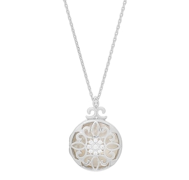 Treasured Moments Sterling Silver Rhodium Plate Filigree & Cross Reversible Locket Pendant with 18" Chain
