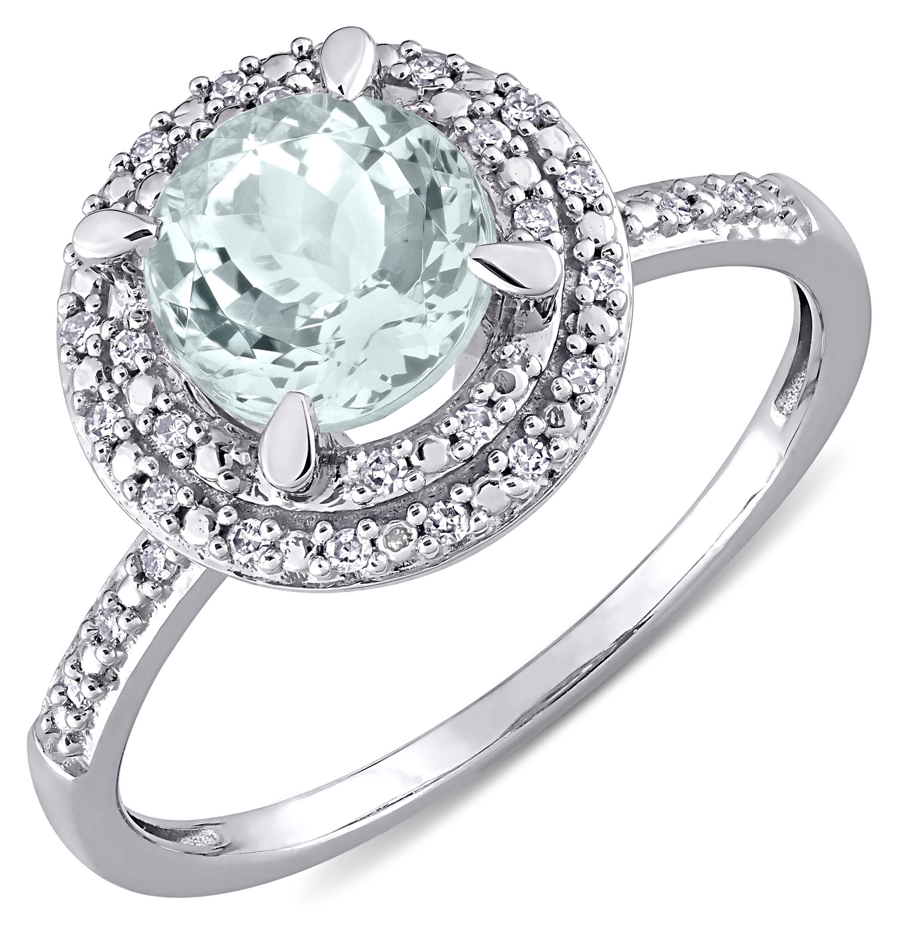 10K White Gold Round Shape Aquamarine and Diamond Ring