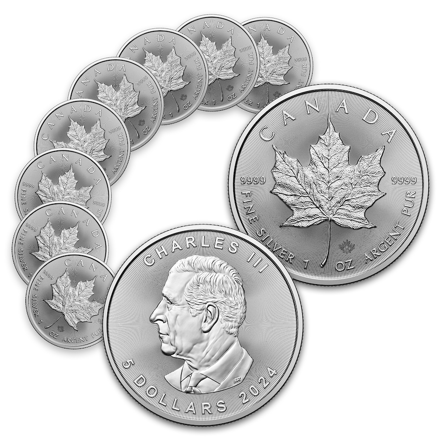 Image 658227.jpg, Product 658-227 / Price $550.00, Ten New 2024 or 2025 Royal Canadian Mint Silver Maple Leaf Coins from Investment Gold and Silver on TSC.ca's Coins department