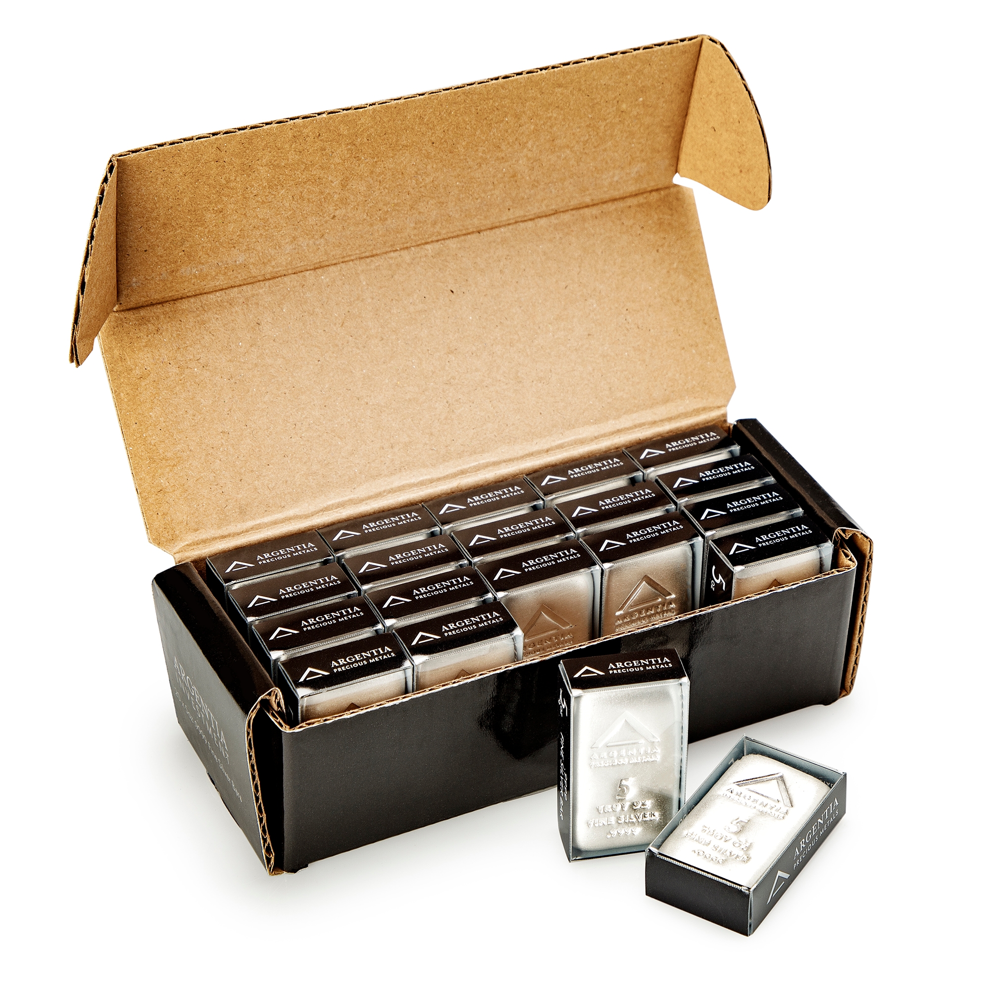 Twenty Argentia Five-Ounce .9999 Silver Bars in Divisible 100