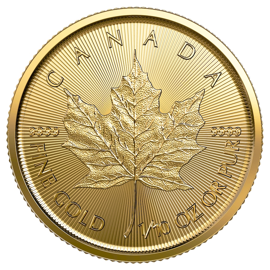 Image 658238_ALTMORE2.jpg, Product 658-238 / Price $510.00, One-Tenth Ounce .9999 Gold Maple Leaf Coin, Royal Canadian Mint Dated 2023, 2024 or 2025 from Investment Gold and Silver on TSC.ca's Coins department