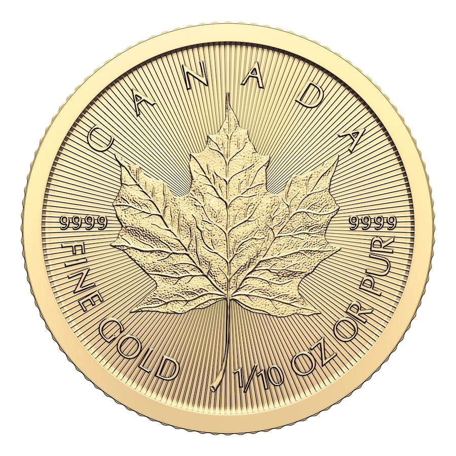 Image 658238_ALTMORE4.jpg, Product 658-238 / Price $510.00, One-Tenth Ounce .9999 Gold Maple Leaf Coin, Royal Canadian Mint Dated 2023, 2024 or 2025 from Investment Gold and Silver on TSC.ca's Coins department
