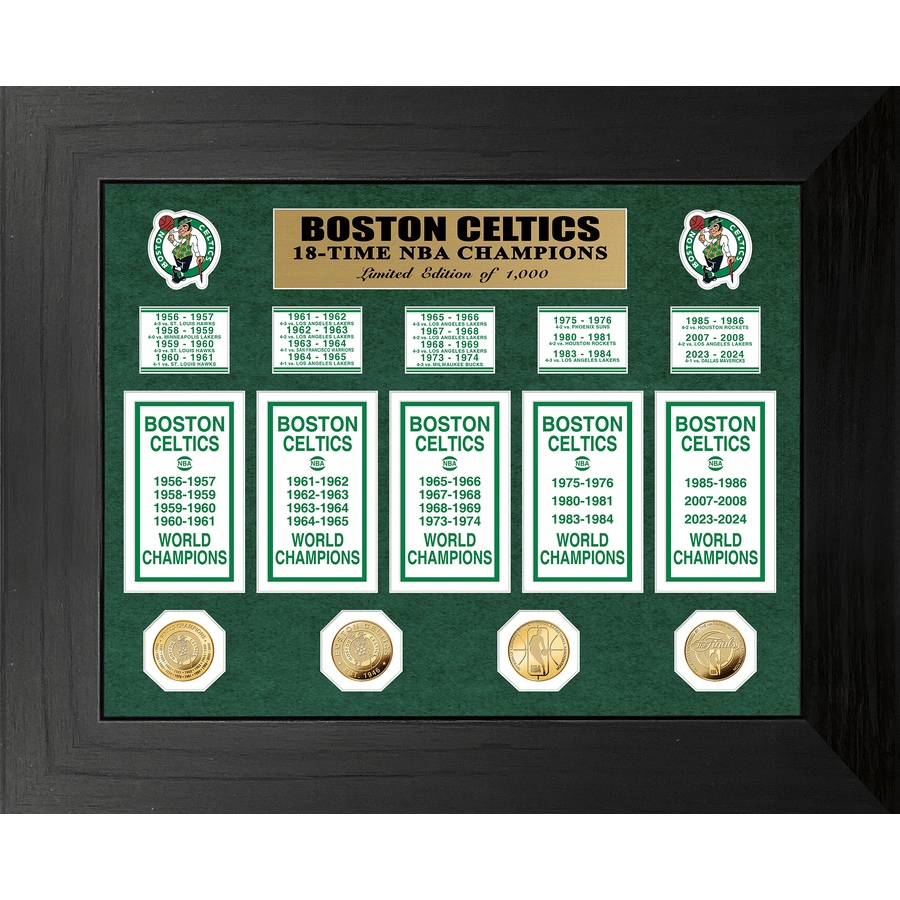 Image 658284.jpg, Product 658-284 / Price $206.99, Boston Celtics Deluxe 18-Time NBA Champions Banner Collection Gold Coin Photo Mint from Highland Mint on TSC.ca's Sports department