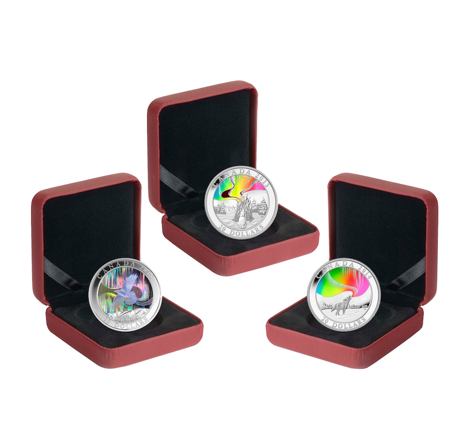 Image 658813.jpg, Product 658-813 / Price $329.85, $20 Fine Silver Hologram Proof Coins: A Story of the Northern Lights - The Raven, The Wolf, The Great Hare from Royal Canadian Mint (RCM) on TSC.ca's Coins department