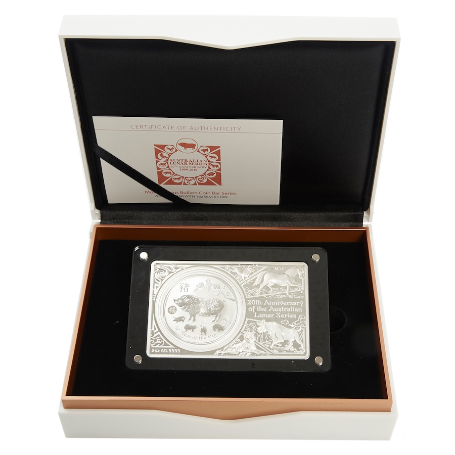 Image 659002.jpg, Product 659-002 / Price $549.95, 2019 $5 Silver Year of the Pig Coin Bar Set with Privy Mark 20th Anniversary of the Lunar Series from Canadian Coin & Currency on TSC.ca's Coins department