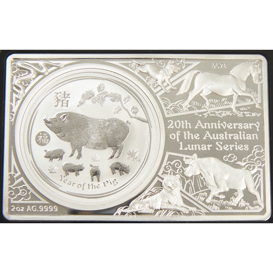 Image 659002_ALTMORE1.jpg, Product 659-002 / Price $549.95, 2019 $5 Silver Year of the Pig Coin Bar Set with Privy Mark 20th Anniversary of the Lunar Series from Canadian Coin & Currency on TSC.ca's Coins department