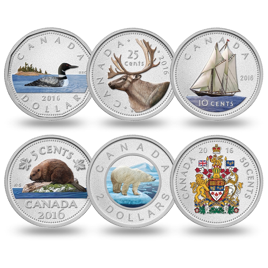 Image 662718.jpg, Product 662-718 / Price $5,995.00, 2016 Colour Big Coin Five-Ounce Fine Silver Coins Complete Six-Piece Proof Set from Royal Canadian Mint (RCM) on TSC.ca's Coins department