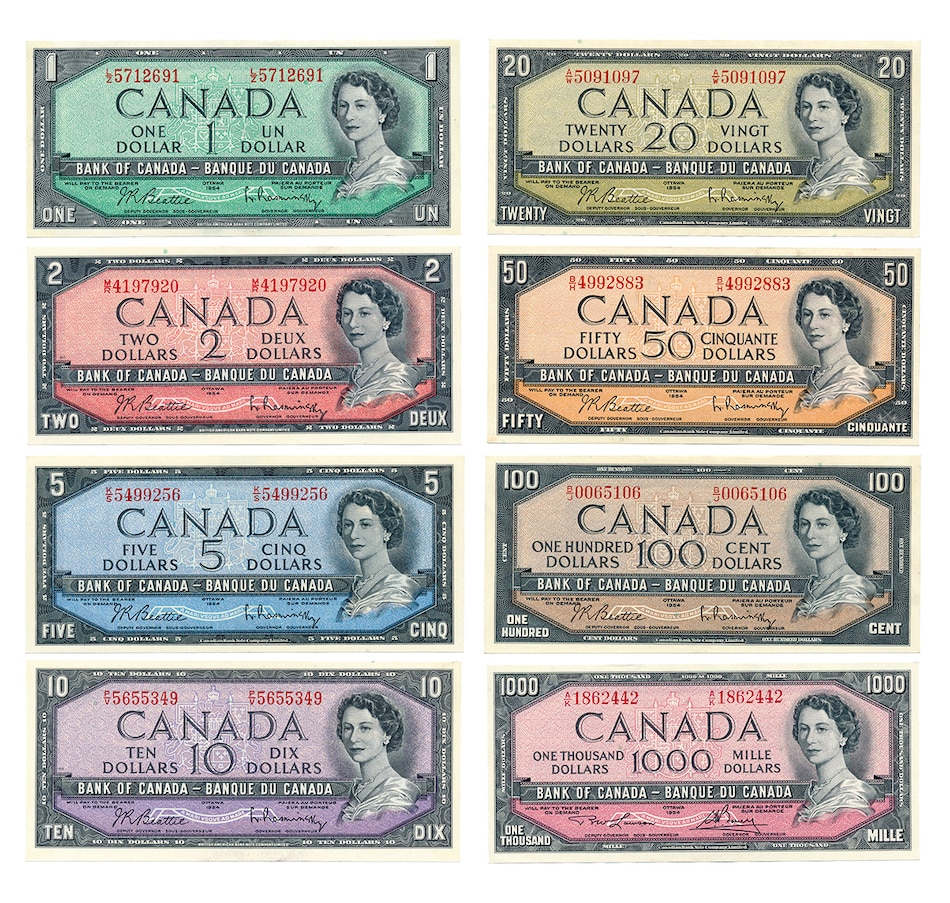 Image 663208.jpg, Product 663-208 / Price $3,295.00, Uncirculated 1954 Paper Money Collection: $1, $2, $5, $10, $20, $50, 100 and $1,000 from Canadian Coin & Currency on TSC.ca's Coins department
