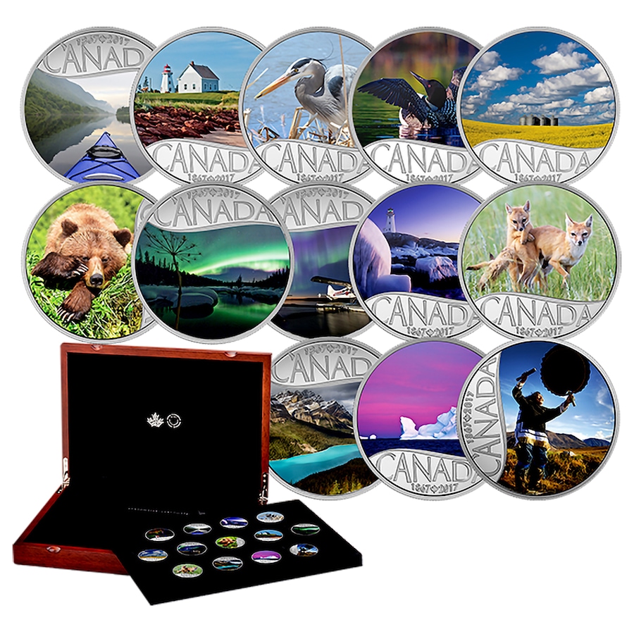 Image 665360.jpg, Product 665-360 / Price $675.35, 2017 $10 Fine Silver Coins Celebrating Canada’s 150th: Complete 13-Coin Set in Custom Case from Royal Canadian Mint (RCM) on TSC.ca's Coins department