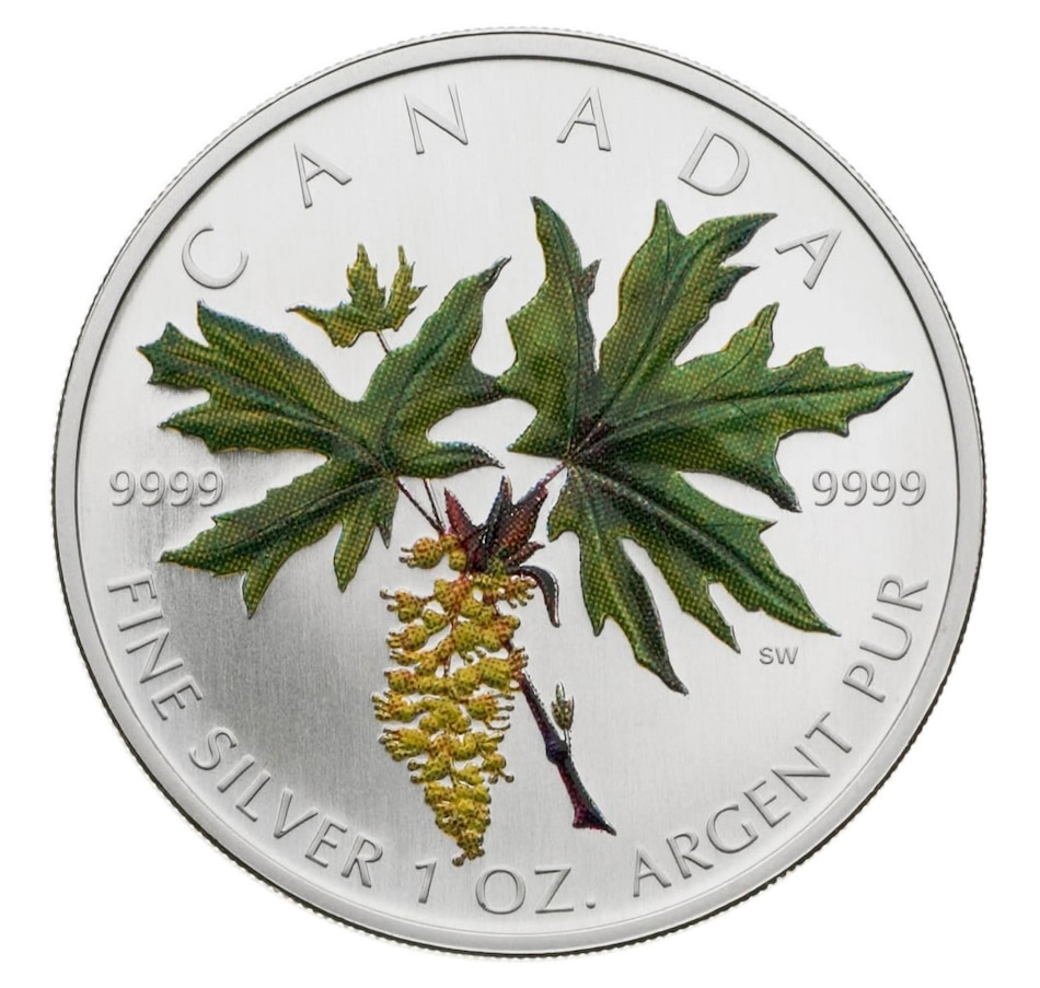 Image 665370.jpg, Product 665-370 / Price $114.95, 2005 $5 Proof Silver Coloured Maple Leaf from Royal Canadian Mint (RCM) on TSC.ca's Coins department