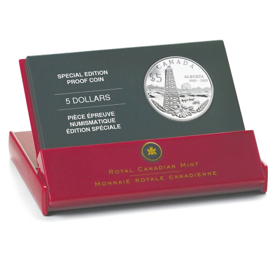 Image 665375_ALTMORE2.jpg, Product 665-375 / Price $64.95, 2005 $5 Proof Silver Special Edition Coin Alberta Centennial (.9999 pure silver) from Royal Canadian Mint (RCM) on TSC.ca's Coins department
