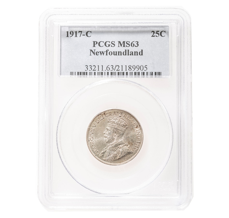 Image 666177.jpg, Product 666-177 / Price $429.95, 1917C Newfoundland 25-Cent Coin PCGS Graded Choice Uncirculated MS-63 from Canadian Coin & Currency on TSC.ca's department
