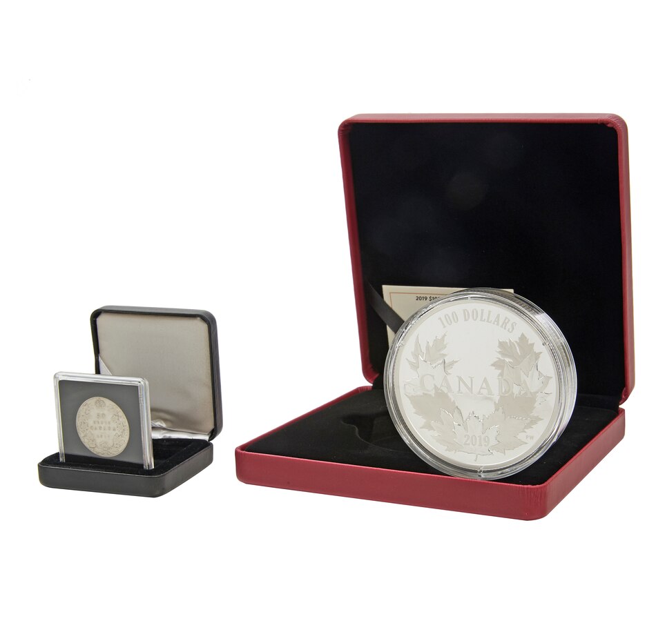 Image 667828.jpg, Product 667-828 / Price $999.95, 2019 10-Ounce $100 Fine Silver Coin - Canadian Maples plus Exclusive Bonus 1919 Maple Bough Half-Dollar from Royal Canadian Mint (RCM) on TSC.ca's Coins department