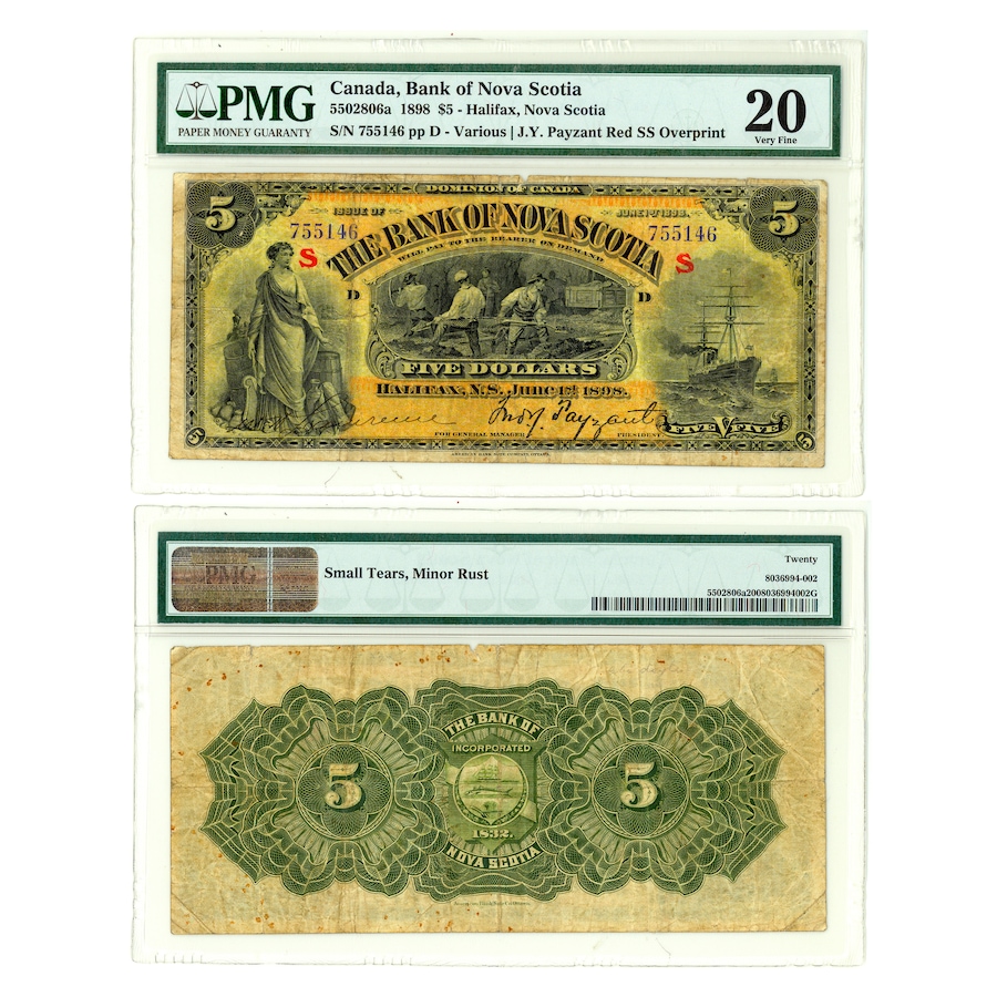 Image 678440.jpg, Product 678-440 / Price $3,495.00, $5 Bank of Nova Scotia 1898 PMG Certified Very Fine 20 (S/N 755146 pp A) from Canadian Coin & Currency on TSC.ca's Coins department
