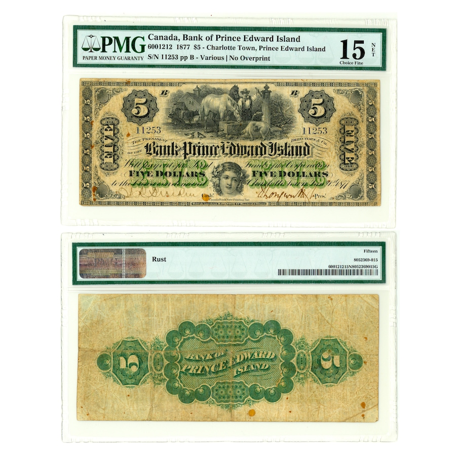 Image 678444.jpg, Product 678-444 / Price $2,295.00, $5 1877 Bank of Prince Edward Island PMG Certified Choice Fine 15 (Serial Number 11253 pp B - Various No Overprint) from Canadian Coin & Currency on TSC.ca's Coins department