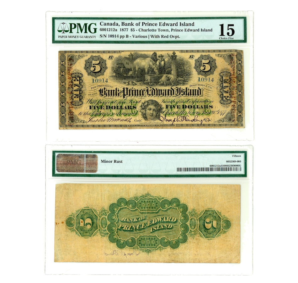 Image 678445.jpg, Product 678-445 / Price $2,195.00, $5 1877 Bank of Prince Edward Island PMG Certified Choice Fine 15 (Serial Number 10914 pp B - Various Red Overprint) from Canadian Coin & Currency on TSC.ca's Coins department