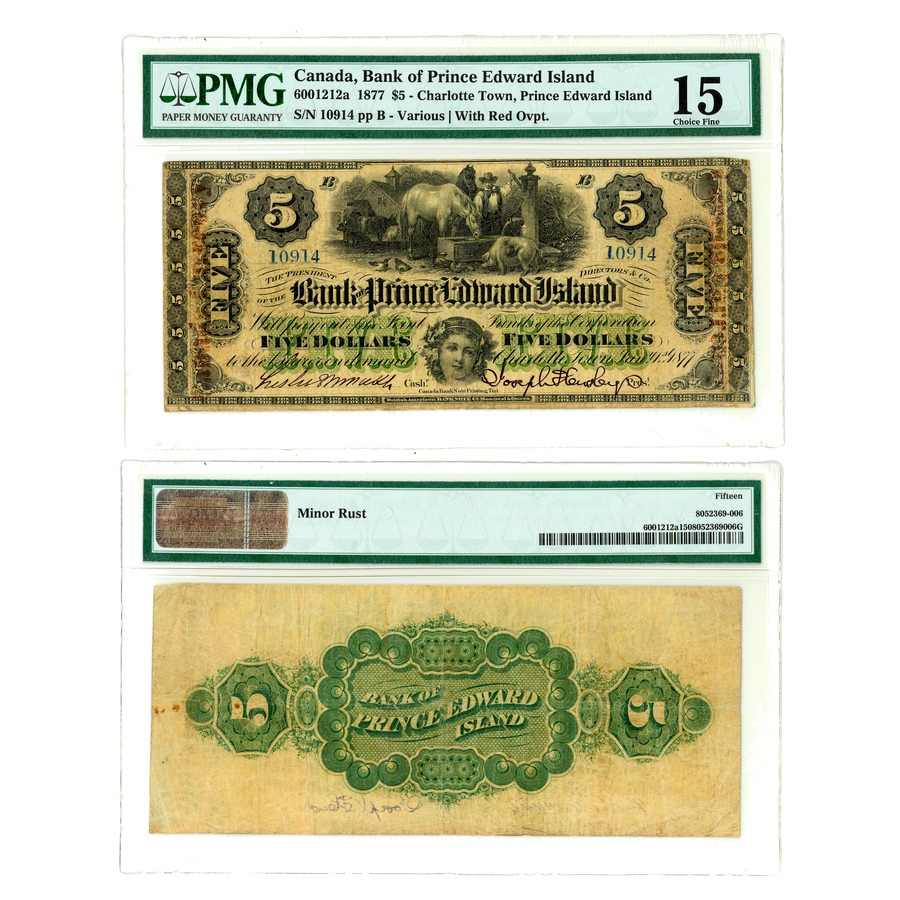 Image 678445.jpg, Product 678-445 / Price $2,195.00, $5 1877 Bank of Prince Edward Island PMG Certified Choice Fine 15 (Serial Number 10914 pp B - Various Red Overprint) from Canadian Coin & Currency on TSC.ca's Coins department