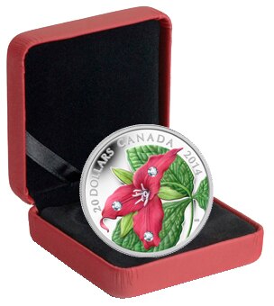 Canada 2014 Red Trillium Flower $20 Silver Proof w// Swarovski Crystal Dewdrops