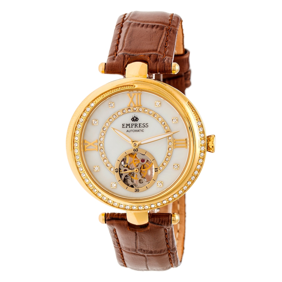 Image 684244_BRWH.jpg, Product 684-244 / Price $375.00, Empress Stella Auto Semi-Skeleton Mother of Pearl Leather Watch from Empress on TSC.ca's Jewellery department