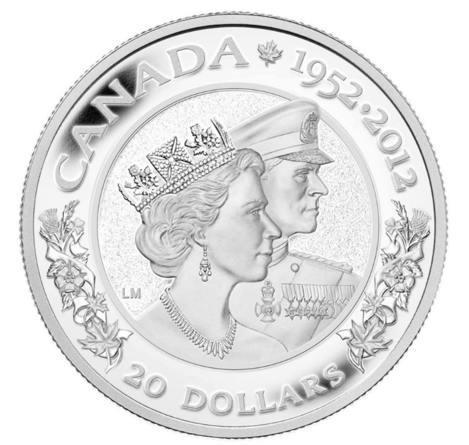 Image 685537.jpg, Product 685-537 / Price $119.95, 2012 $20 Fine Silver Coin - The Queen's Diamond Jubilee 1952-2012: Queen Elizabeth II and Prince Philip from Royal Canadian Mint (RCM) on TSC.ca's Coins department