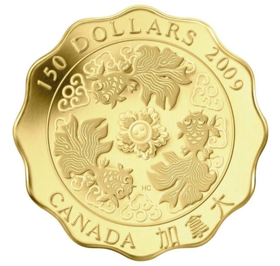 Image 685560.jpg, Product 685-560 / Price $1,288.88, 2009 $150 Blessings of Wealth Scallop-Shaped Pure Gold Coin from Royal Canadian Mint (RCM) on TSC.ca's Coins department