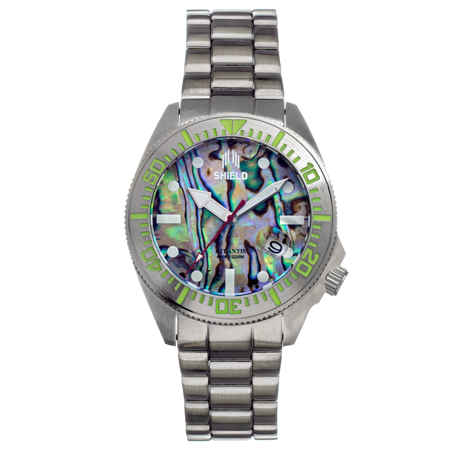 Image 687095_SIL.jpg, Product 687-095 / Price $390.00, Shield Atlantis Abalone Men's Bracelet Watch with Date from Shield on TSC.ca's Jewellery department