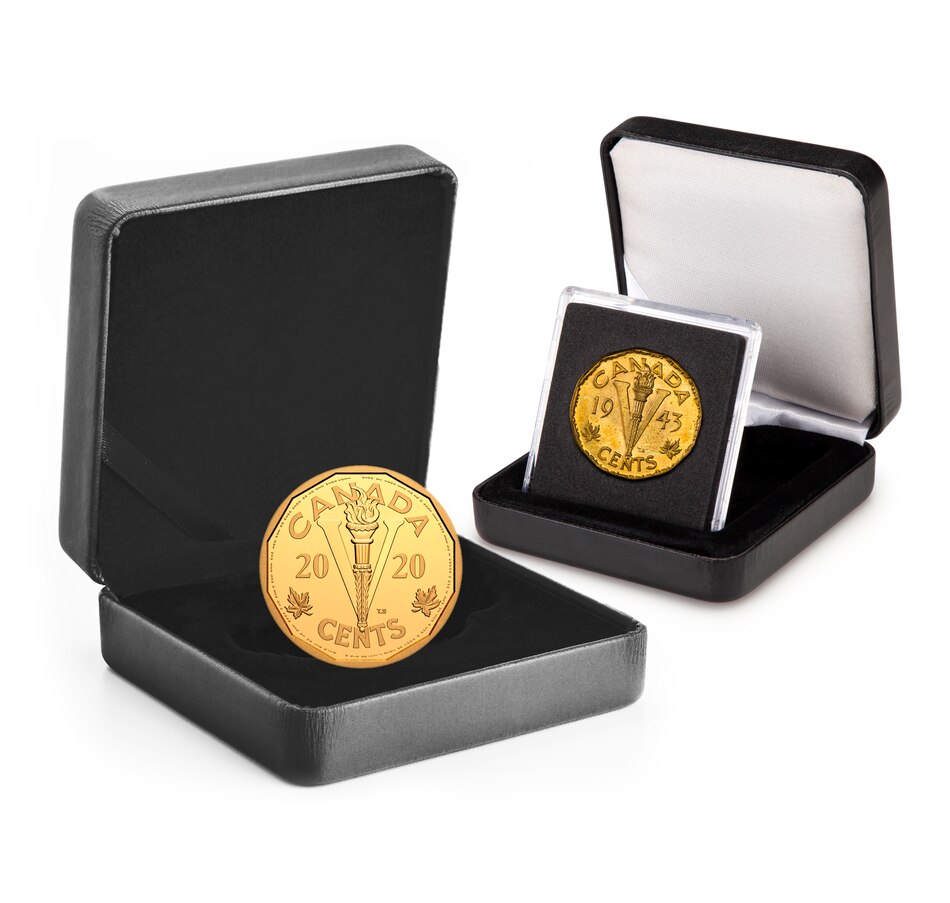 Image 687843.jpg, Product 687-843 / Price $3,899.95, 2020 Pure Gold Victory Nickel End of WWII plus Uncirculated Original 1943 5-Cent Coin from The Coin Show with Steven Bromberg on TSC.ca's Coins department