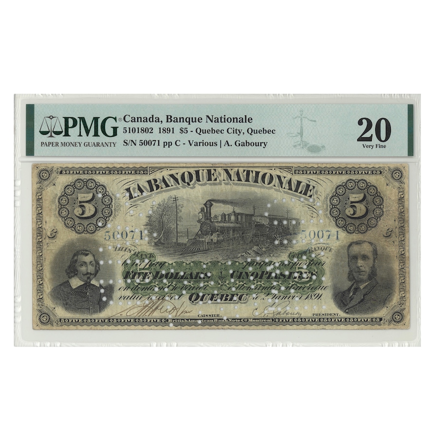 Image 688882.jpg, Product 688-882 / Price $1,895.00, National Bank/La Banque Nationale PMG Certified Very Fine 20 S/N 50071 pp C - Cancelled from Canadian Coin & Currency on TSC.ca's Coins department