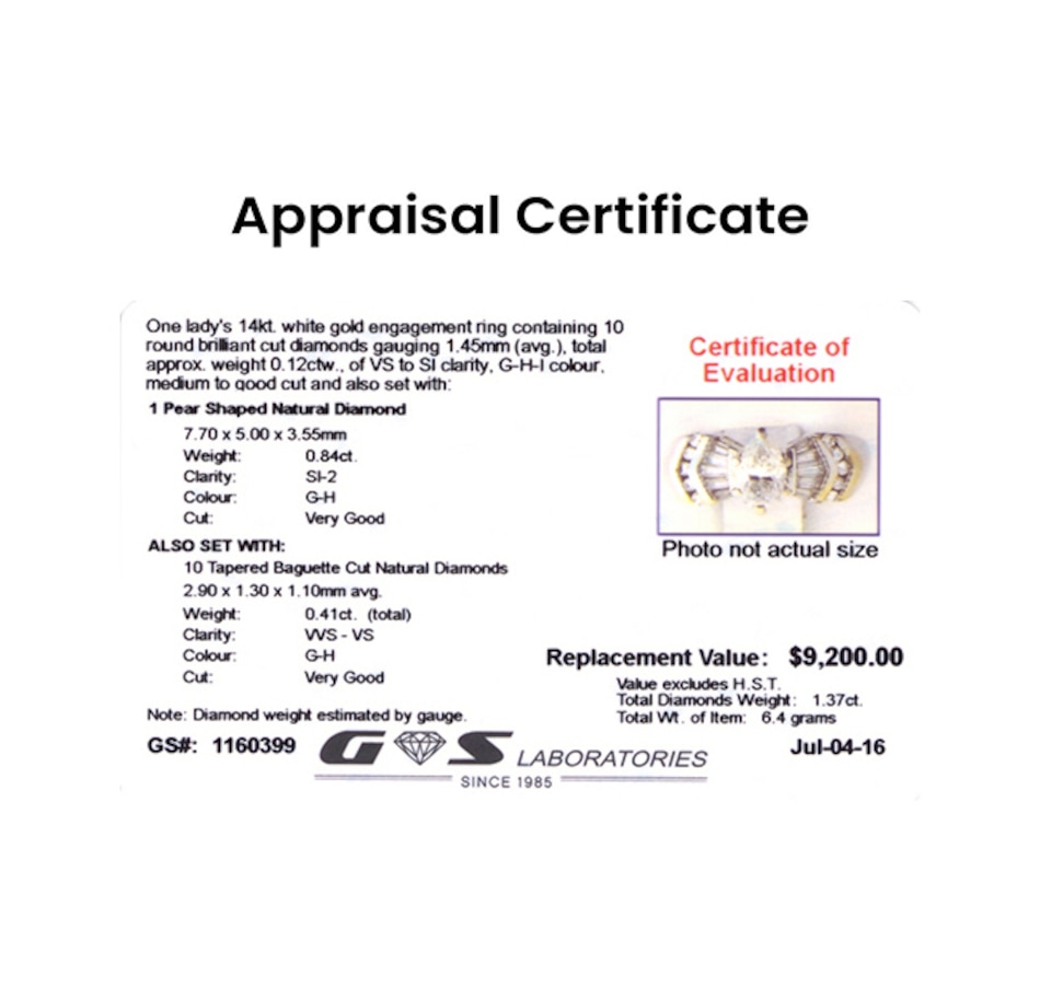 Image 699143_ALTMORE3.jpg, Product 699-143 / Price $4,750.00, 14K White Gold 0.84 Carat Pear Shaped Diamond Ring with Baguette and Round Cut Diamond Accents from Estate Originals on TSC.ca's Jewellery department