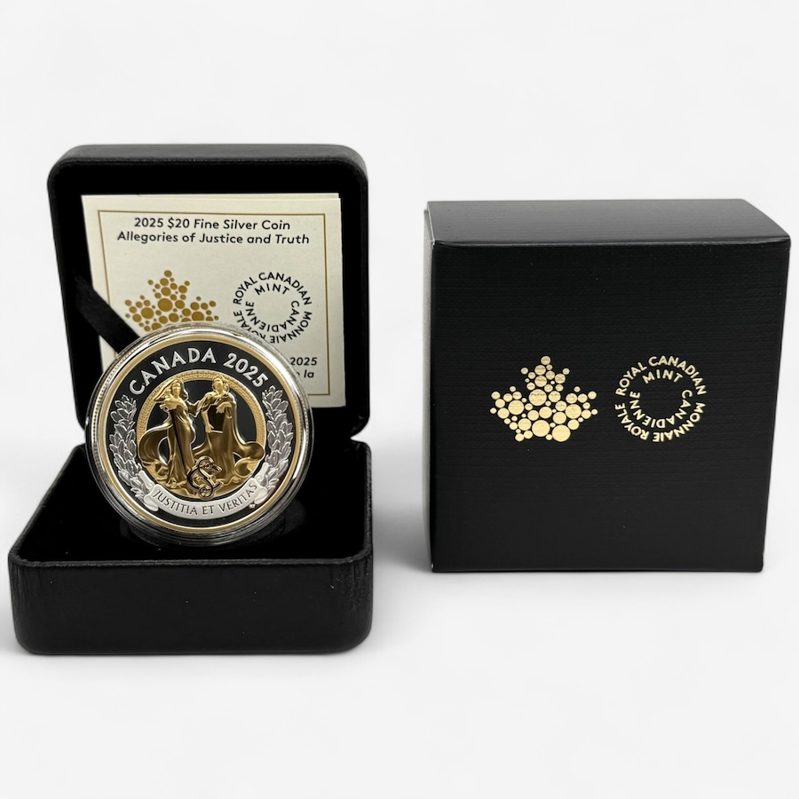 Image 701347.jpg, Product 701-347 / Price $219.95, 2025 $20 Allegory of Justice and Truth Fine Silver Coin plus Bonus Colour Supreme Court $1 Coin from Royal Canadian Mint (RCM) on TSC.ca's Coins department