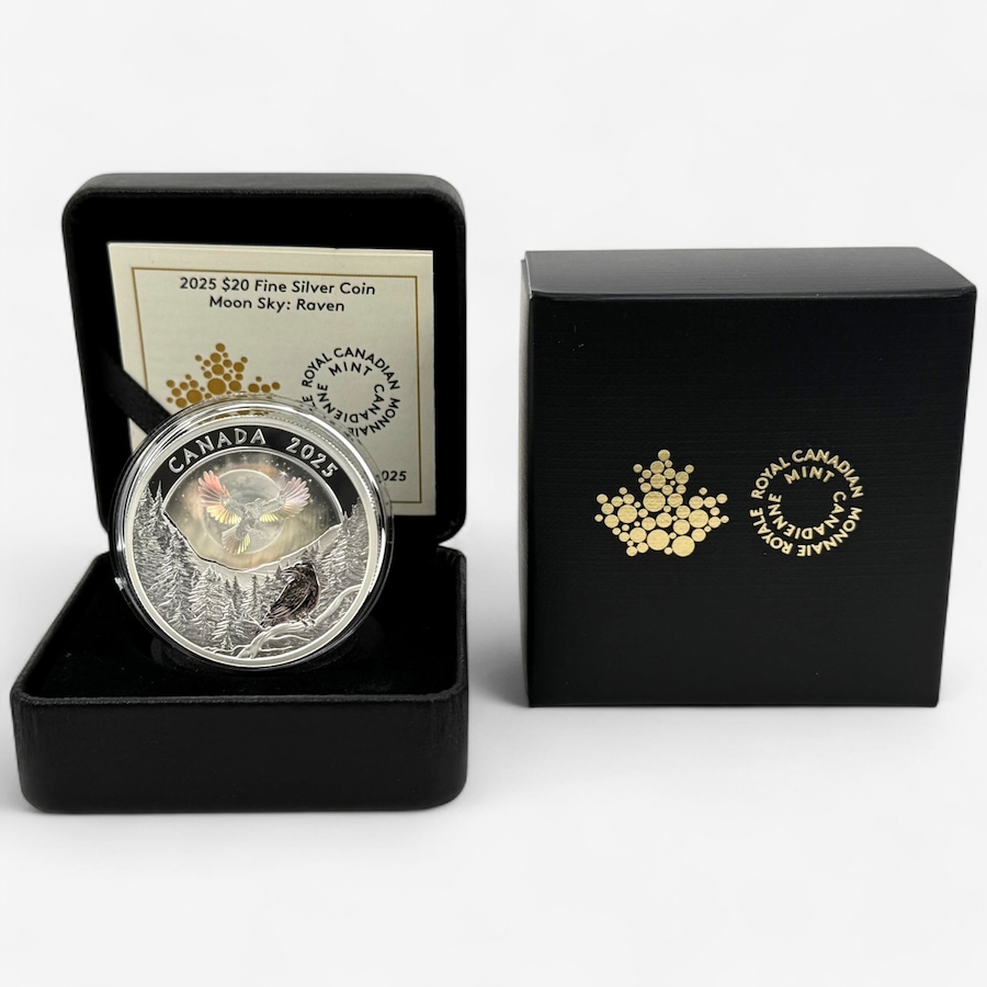 Image 701349.jpg, Product 701-349 / Price $239.95, 2025 $20 Moon Sky Raven Holographic Fine Silver Coin from Royal Canadian Mint (RCM) on TSC.ca's Coins department