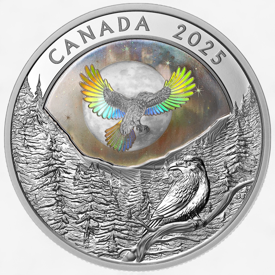 Image 701349_ALTMORE1.jpg, Product 701-349 / Price $239.95, 2025 $20 Moon Sky Raven Holographic Fine Silver Coin from Royal Canadian Mint (RCM) on TSC.ca's Coins department