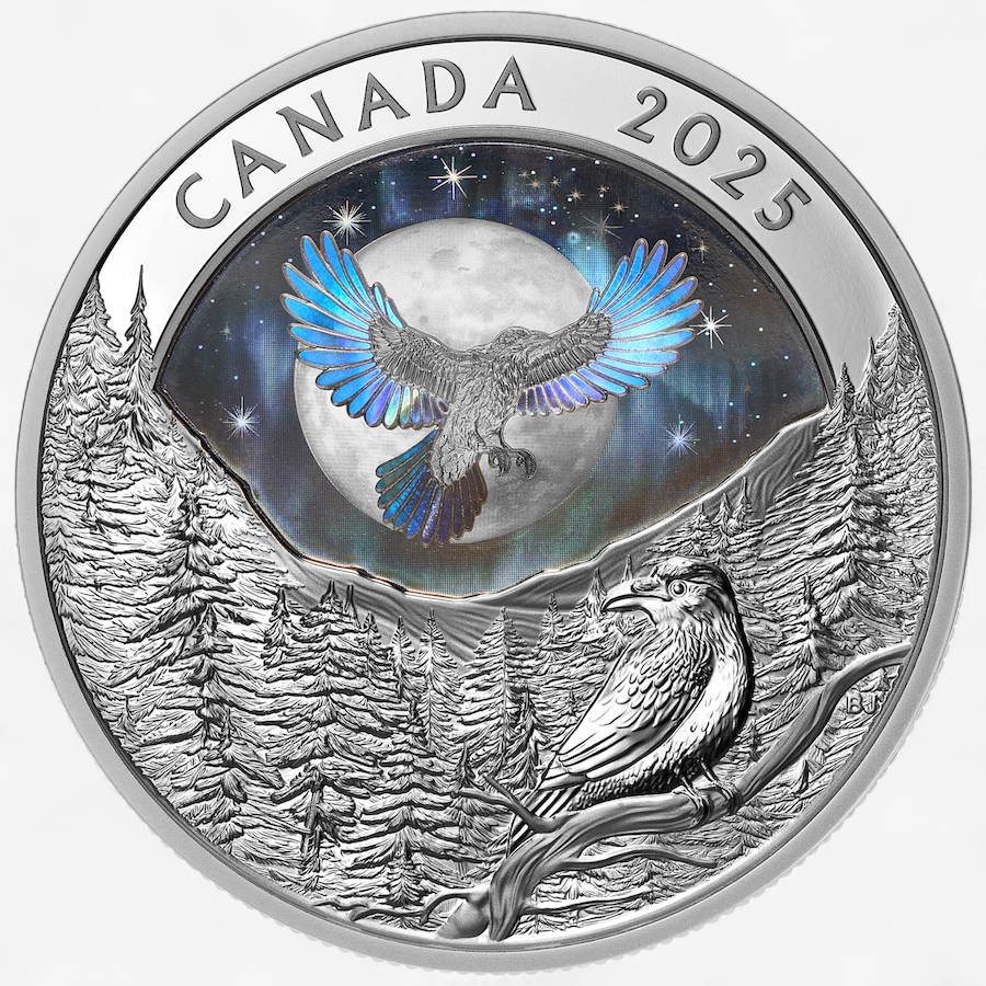 Image 701349_ALTMORE3.jpg, Product 701-349 / Price $239.95, 2025 $20 Moon Sky Raven Holographic Fine Silver Coin from Royal Canadian Mint (RCM) on TSC.ca's Coins department