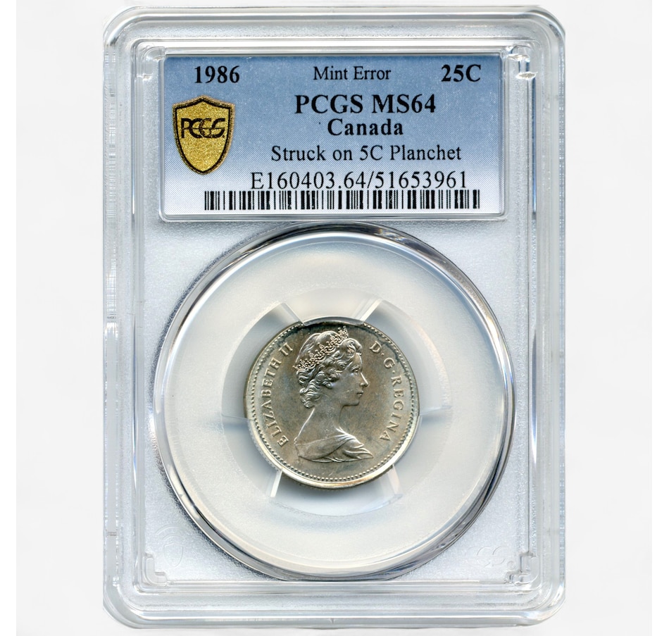 Image 701356.jpg, Product 701-356 / Price $729.95, Rare Canadian Major Error Coin: Uncirculated 1986 Quarter Struck on 5-Cent Blank, PCGS Certified MS-64 from Canadian Coin & Currency on TSC.ca's Coins department