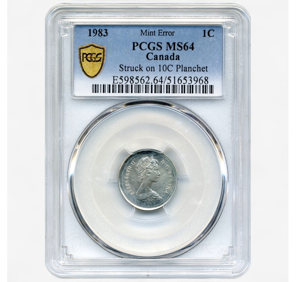 Image 701358.jpg, Product 701-358 / Price $749.95, Rare Canadian Major Error Coin: Uncirculated 1983 Cent Struck on 10-Cent Blank, PCGS Certified MS-64 from Canadian Coin & Currency on TSC.ca's Coins department