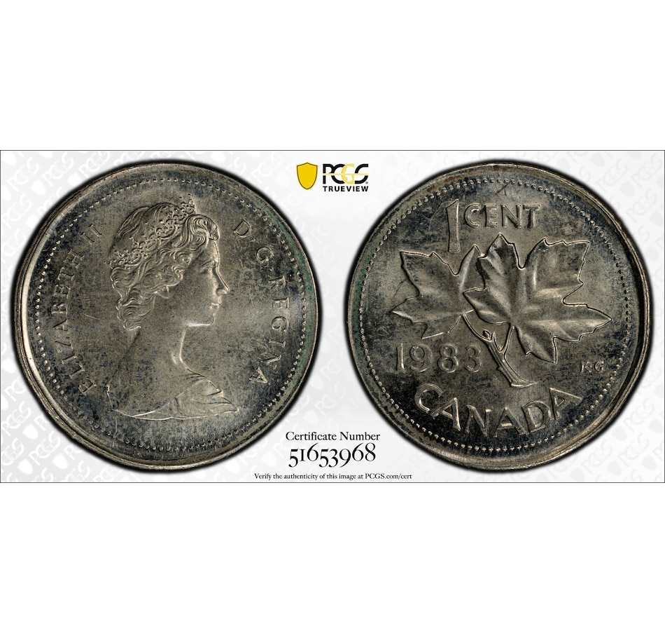 Image 701358_ALTMORE2.jpg, Product 701-358 / Price $749.95, Rare Canadian Major Error Coin: Uncirculated 1983 Cent Struck on 10-Cent Blank, PCGS Certified MS-64 from Canadian Coin & Currency on TSC.ca's Coins department