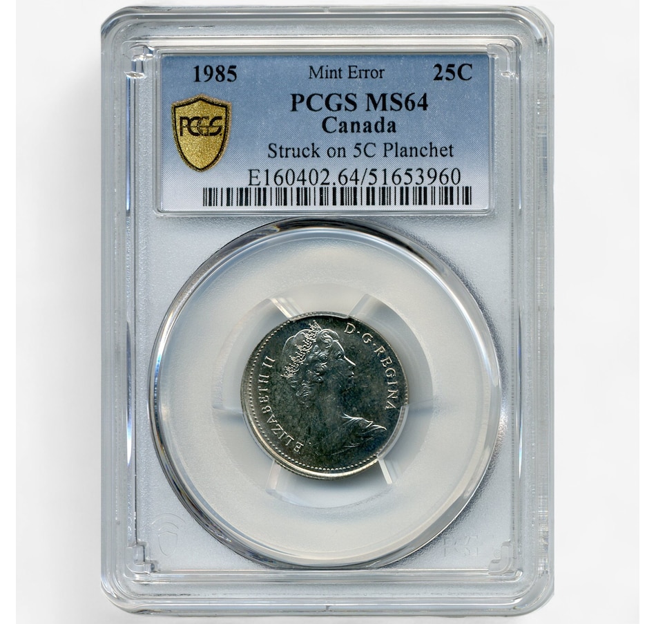 Image 701359.jpg, Product 701-359 / Price $729.95, Rare Canadian Major Error Coin: Uncirculated 1985 Quarter Struck on 5-Cent Blank, PCGS Certified MS-64 from Canadian Coin & Currency on TSC.ca's Coins department