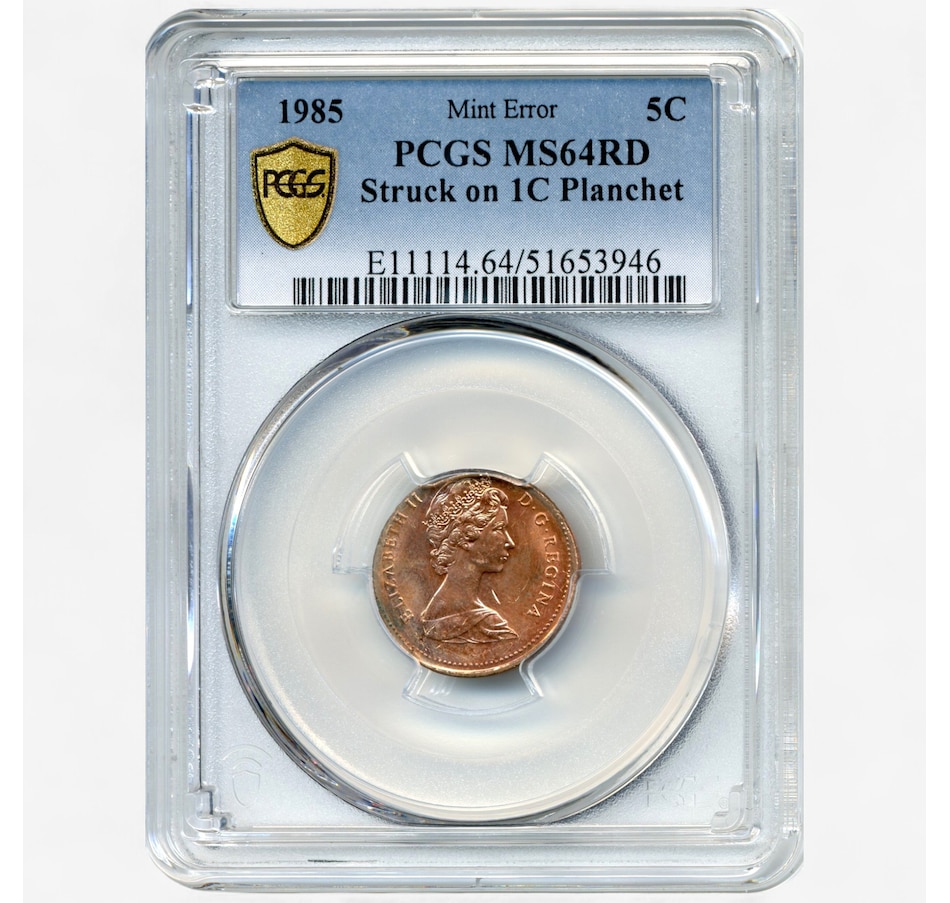 Image 701360.jpg, Product 701-360 / Price $749.95, Rare Canadian Major Error Coin: Uncirculated 1985 Five-Cent Struck on One-Cent Blank, PCGS Certified MS-64 from Canadian Coin & Currency on TSC.ca's Coins department