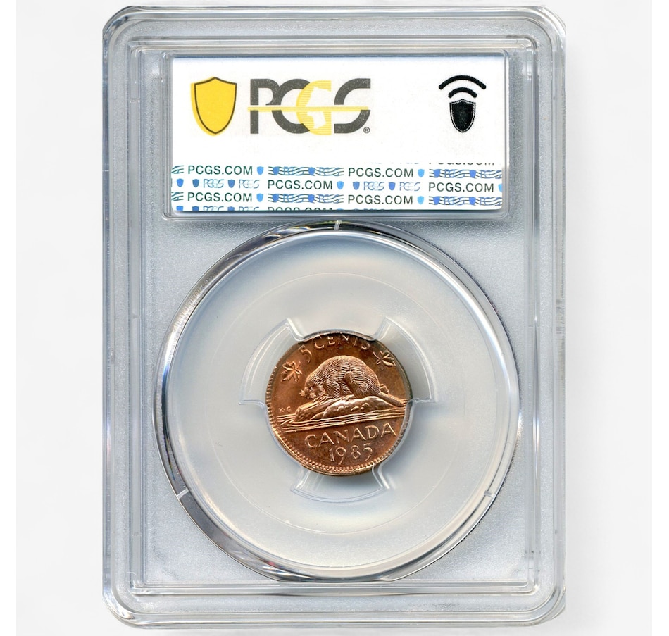 Image 701360_ALTMORE1.jpg, Product 701-360 / Price $749.95, Rare Canadian Major Error Coin: Uncirculated 1985 Five-Cent Struck on One-Cent Blank, PCGS Certified MS-64 from Canadian Coin & Currency on TSC.ca's Coins department