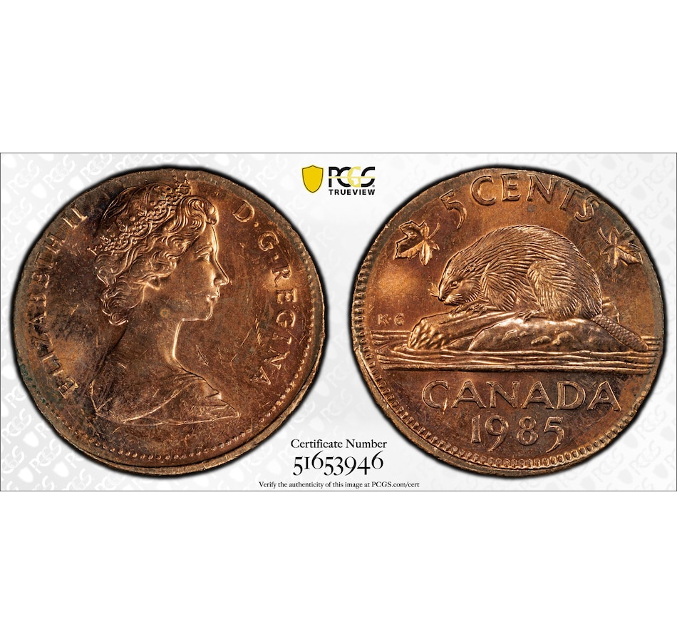 Image 701360_ALTMORE2.jpg, Product 701-360 / Price $749.95, Rare Canadian Major Error Coin: Uncirculated 1985 Five-Cent Struck on One-Cent Blank, PCGS Certified MS-64 from Canadian Coin & Currency on TSC.ca's Coins department