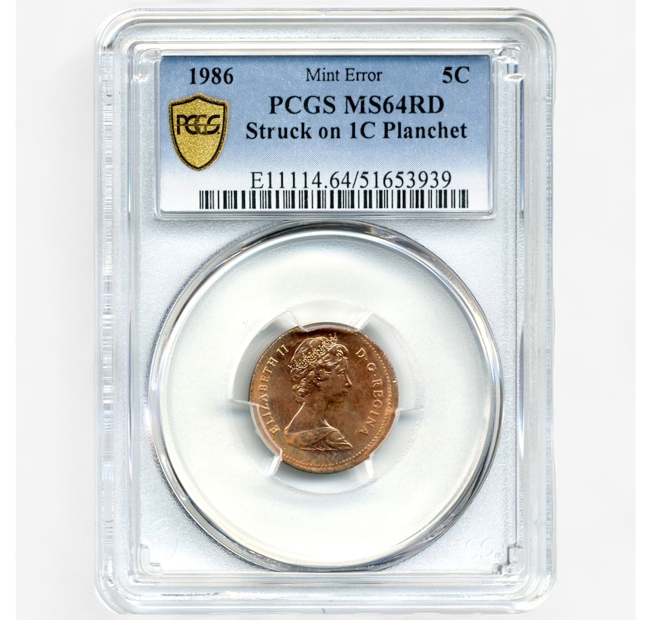 Image 701361.jpg, Product 701-361 / Price $749.95, Rare Canadian Major Error Coin: Uncirculated 1986 Five-Cent Struck on One-Cent Blank, PCGS Certified MS-64 from Canadian Coin & Currency on TSC.ca's Coins department