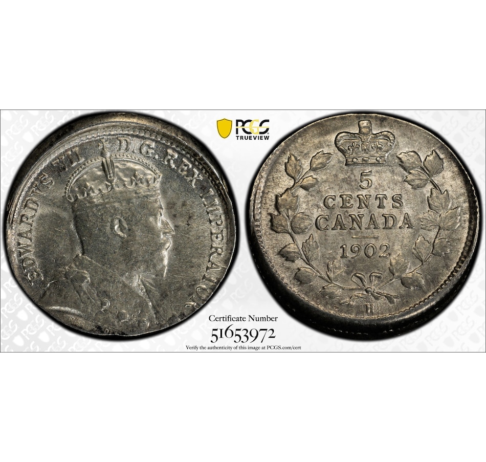 Image 701363_ALTMORE2.jpg, Product 701-363 / Price $549.95, Rare Canadian Error Coin: Uncirculated 1902H Five-Cent Silver Coin Struck Off-Centre, PCGS Certified MS-62 from Canadian Coin & Currency on TSC.ca's Coins department
