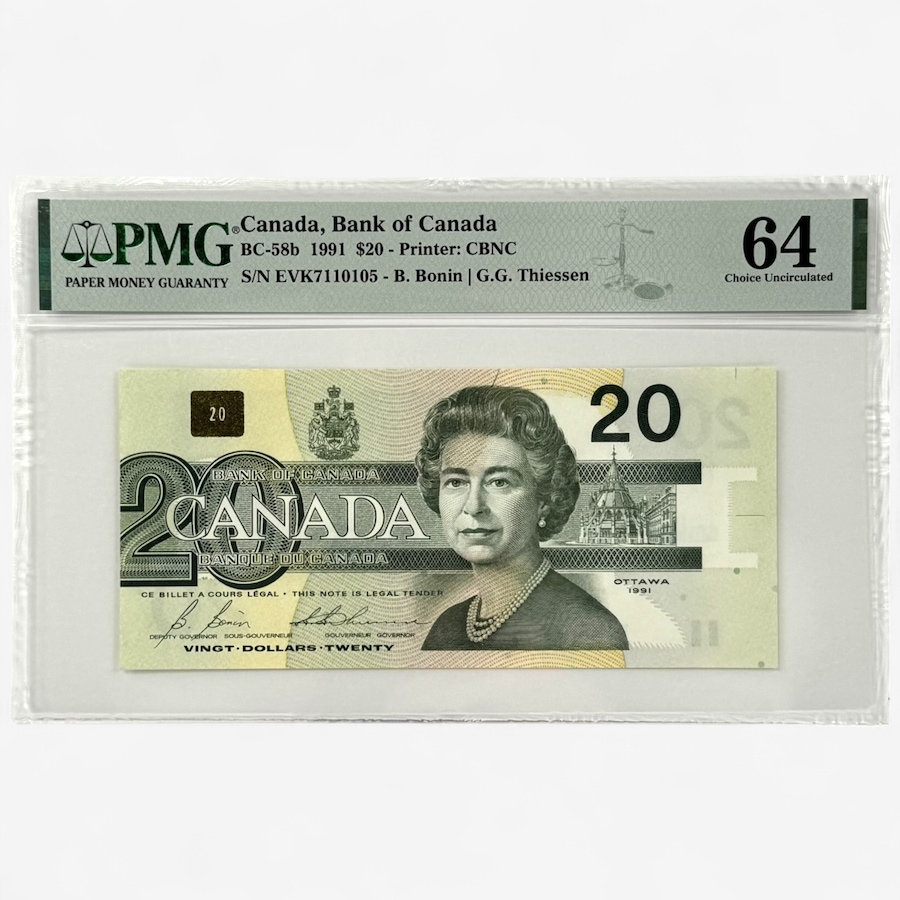 Image 701364.jpg, Product 701-364 / Price $2,495.00, 1991 $20 Out of Register Printing Error PMG Graded Choice Uncirculated 64 from Canadian Coin & Currency on TSC.ca's Coins department