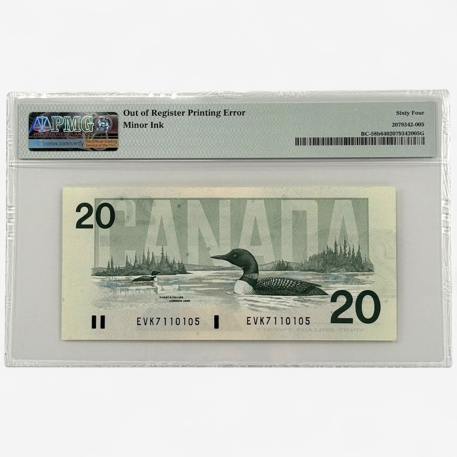 Image 701364_ALTMORE1.jpg, Product 701-364 / Price $2,495.00, 1991 $20 Out of Register Printing Error PMG Graded Choice Uncirculated 64 from Canadian Coin & Currency on TSC.ca's Coins department