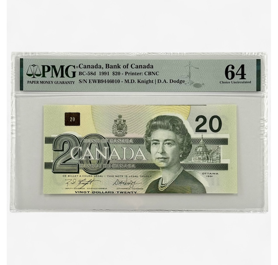 Image 701501.jpg, Product 701-501 / Price $2,495.00, 1991 $20 Out of Register Printing Error PMG Graded Choice Uncirculated 64 from Canadian Coin & Currency on TSC.ca's Coins department