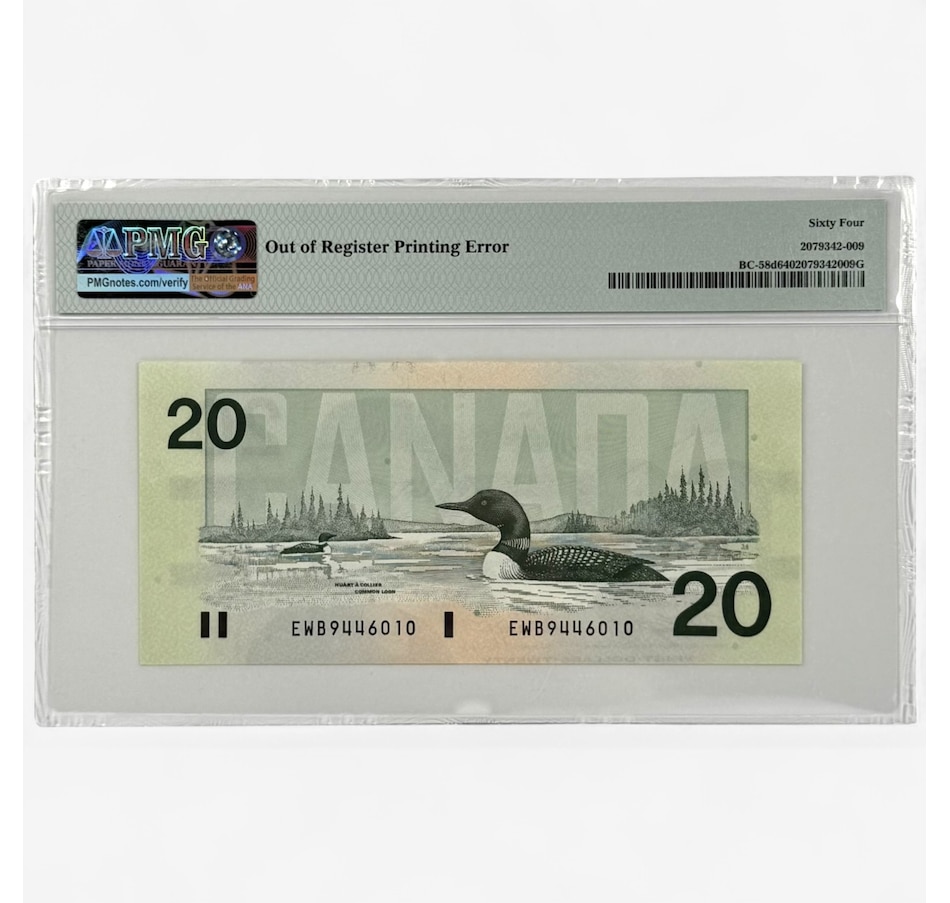 Image 701501_ALTMORE1.jpg, Product 701-501 / Price $2,495.00, 1991 $20 Out of Register Printing Error PMG Graded Choice Uncirculated 64 from Canadian Coin & Currency on TSC.ca's Coins department